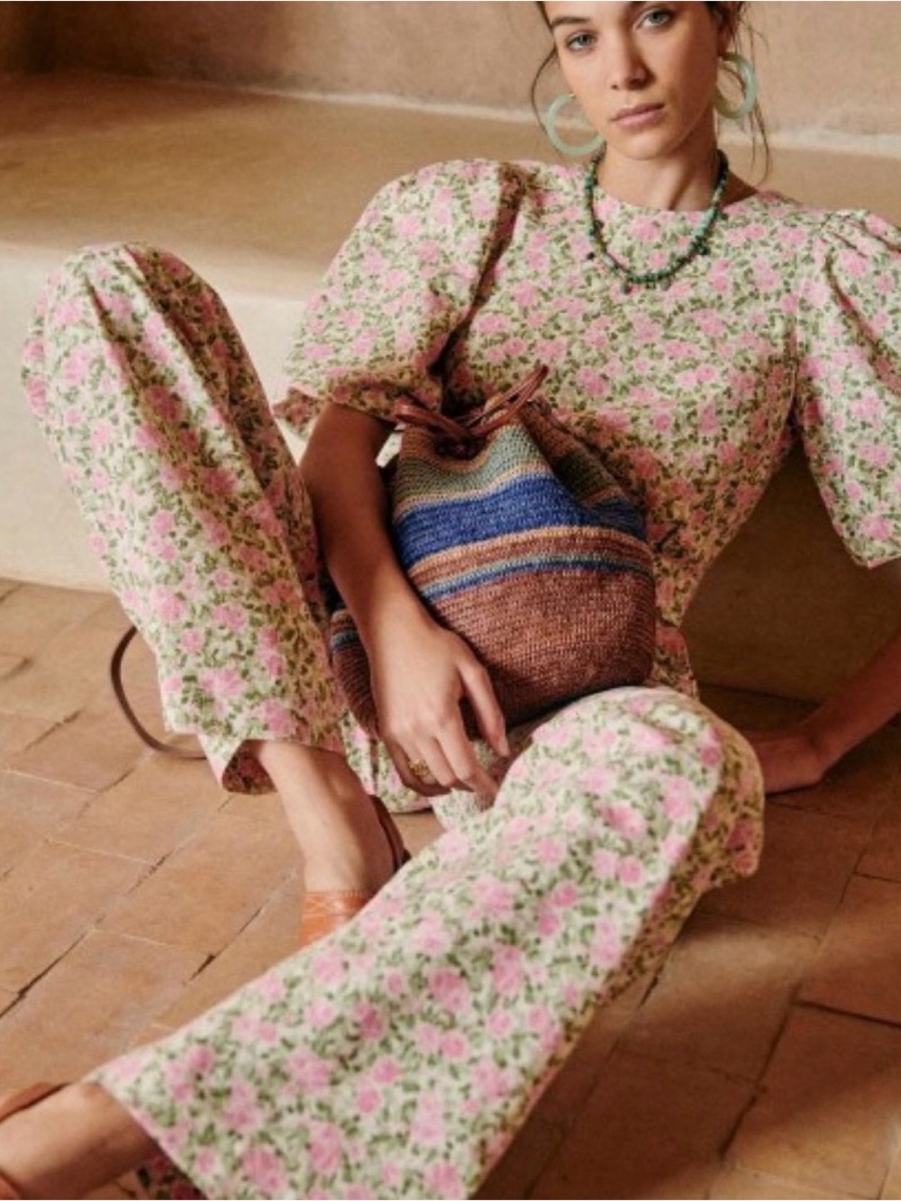 Sezane Pink & Green Floral Wide-Leg Claude Jumpsuit